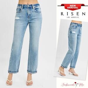 RISEN High Rise Waist Distressed Detail Light Washed Ankle Boyfriend Denim Jeans